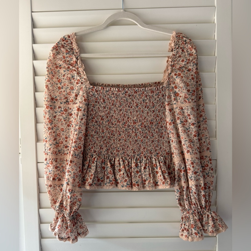 Reformation Cream Floral Smocked Long-Sleeve Blouse